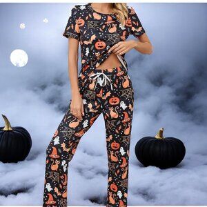 Pumpkin Print Pajama Set, Halloween Short Sleeve Crew Neck Top & Elastic Waist